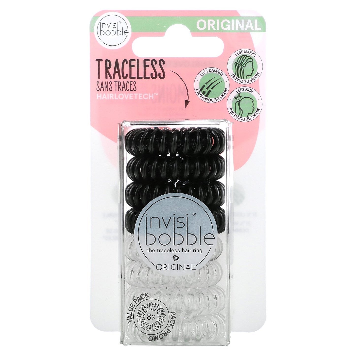 Invisibobble Original Black & Clear Traceless Hair Ring 8 Pack
